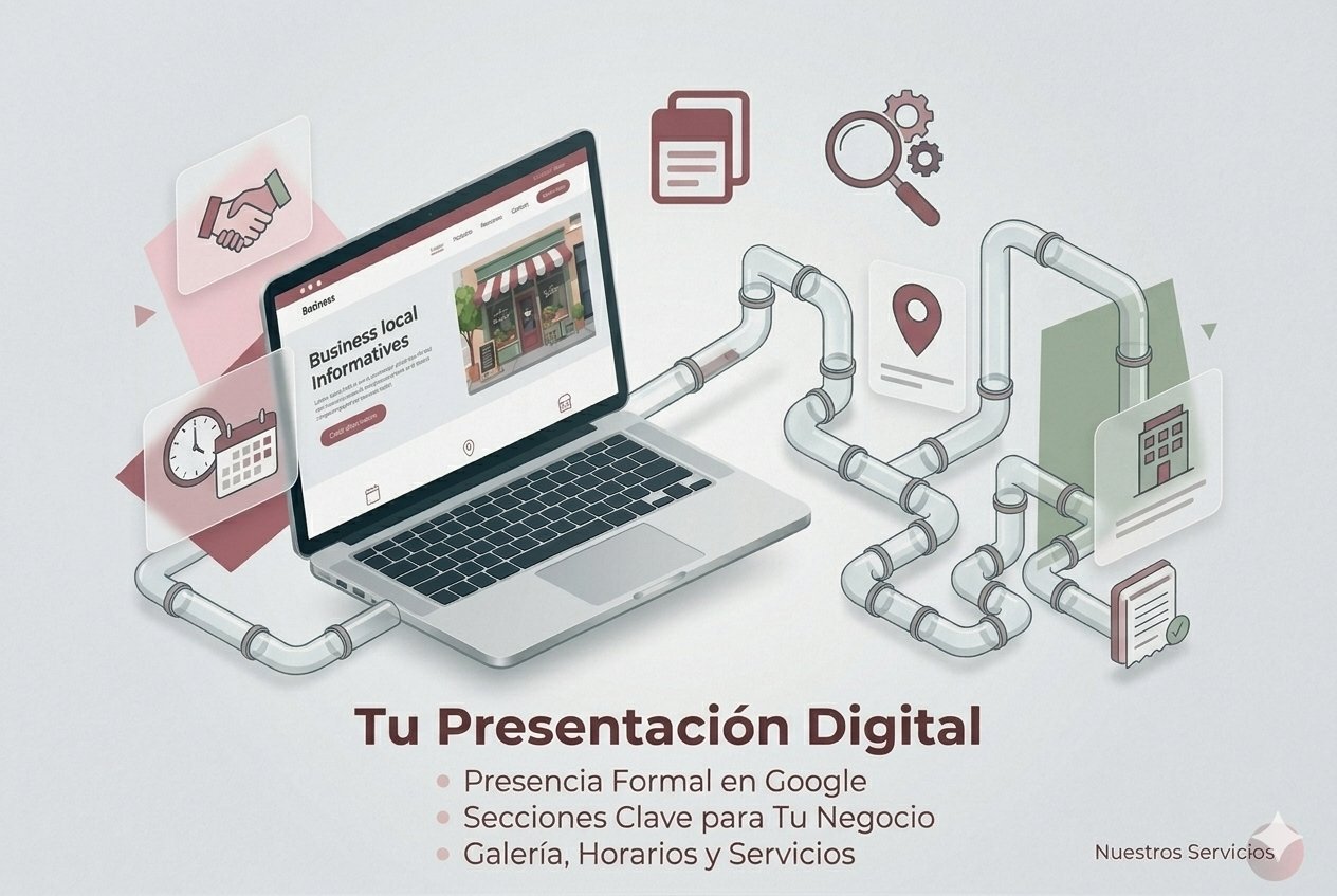 Ilustración isométrica de una laptop que muestra el diseño de un sitio web informativo para un negocio local, creado por Webs by Rosa.