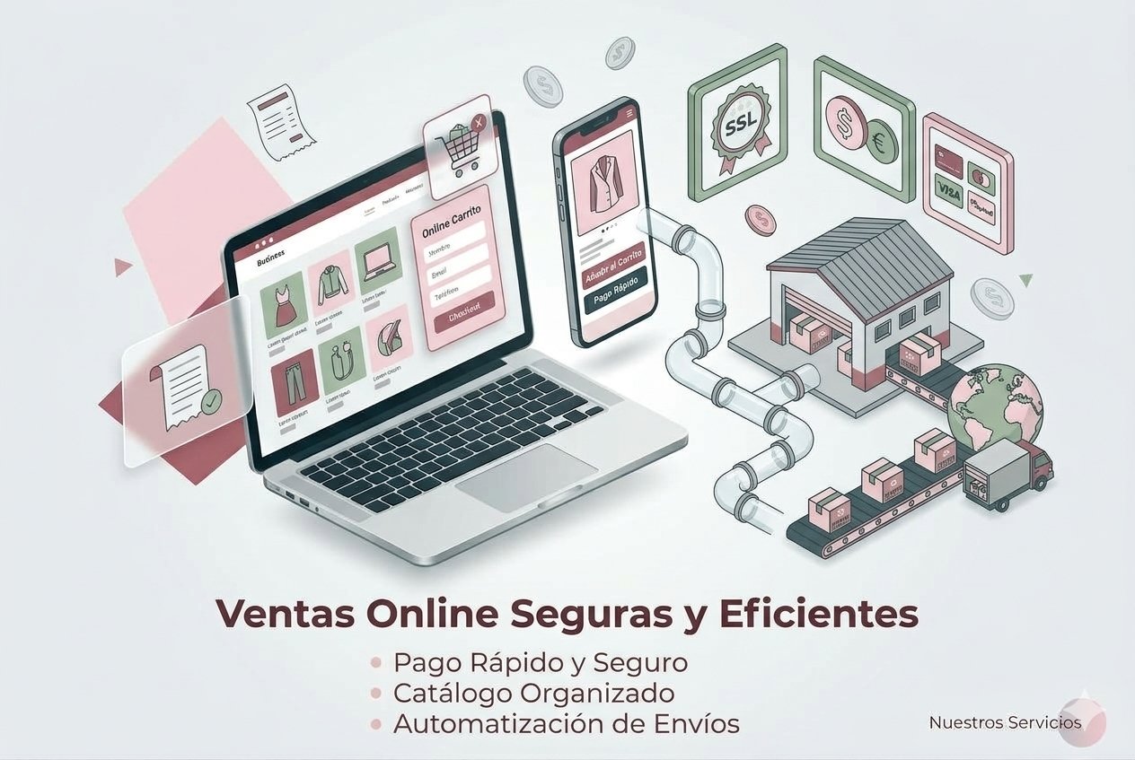 Composición tecnológica de una computadora y un celular mostrando una tienda en línea y catálogo virtual autogestionable con WooCommerce.