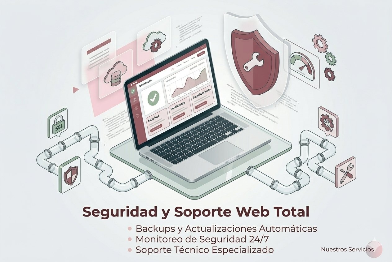 Ilustración en 3D de un panel de control con un escudo de seguridad y engranes, representando el servicio de soporte técnico y mantenimiento web en WordPress.